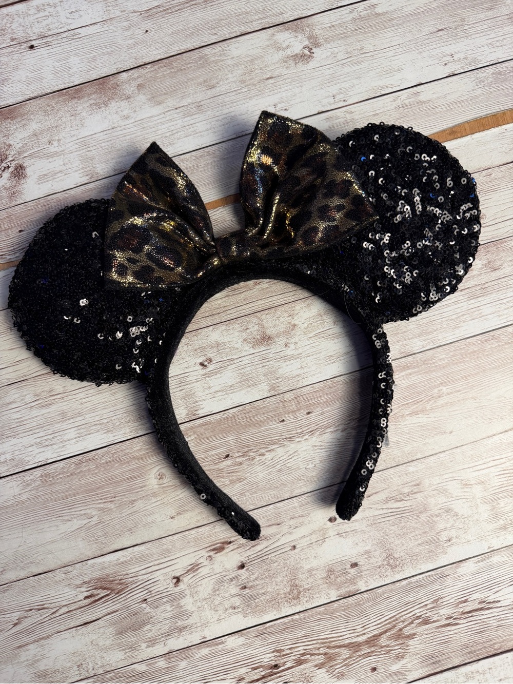 Black Sequin Minnie Ears Headband with Leopard Bow - Kids Costume